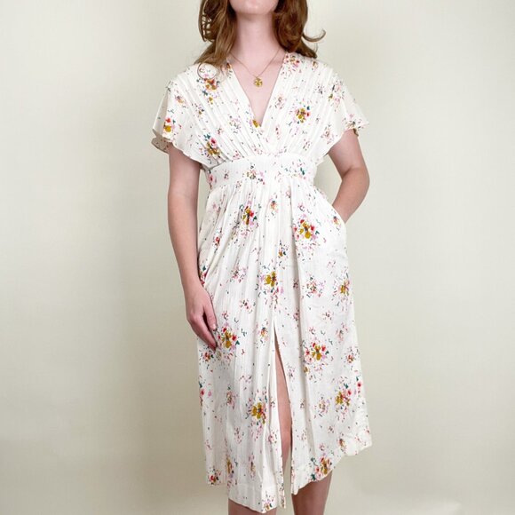 Vintage Floral Midi Sundress with Dolman Sleeves, Pleated, Slit Pockets - Picture 5 of 5